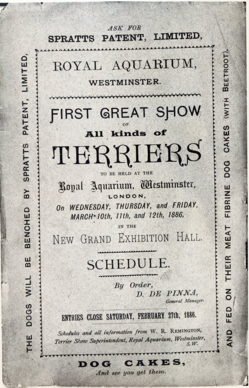 Poster ter promotie van de Allied Terrier Club Show in het Royal Aquarium, Westminster in 1886 door English School