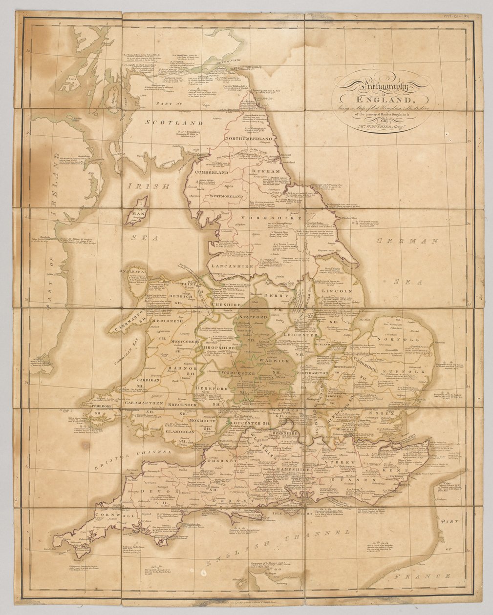 Praehagraphie van Engeland, kaart van het koninkrijk met de belangrijkste veldslagen, 1807 door English School