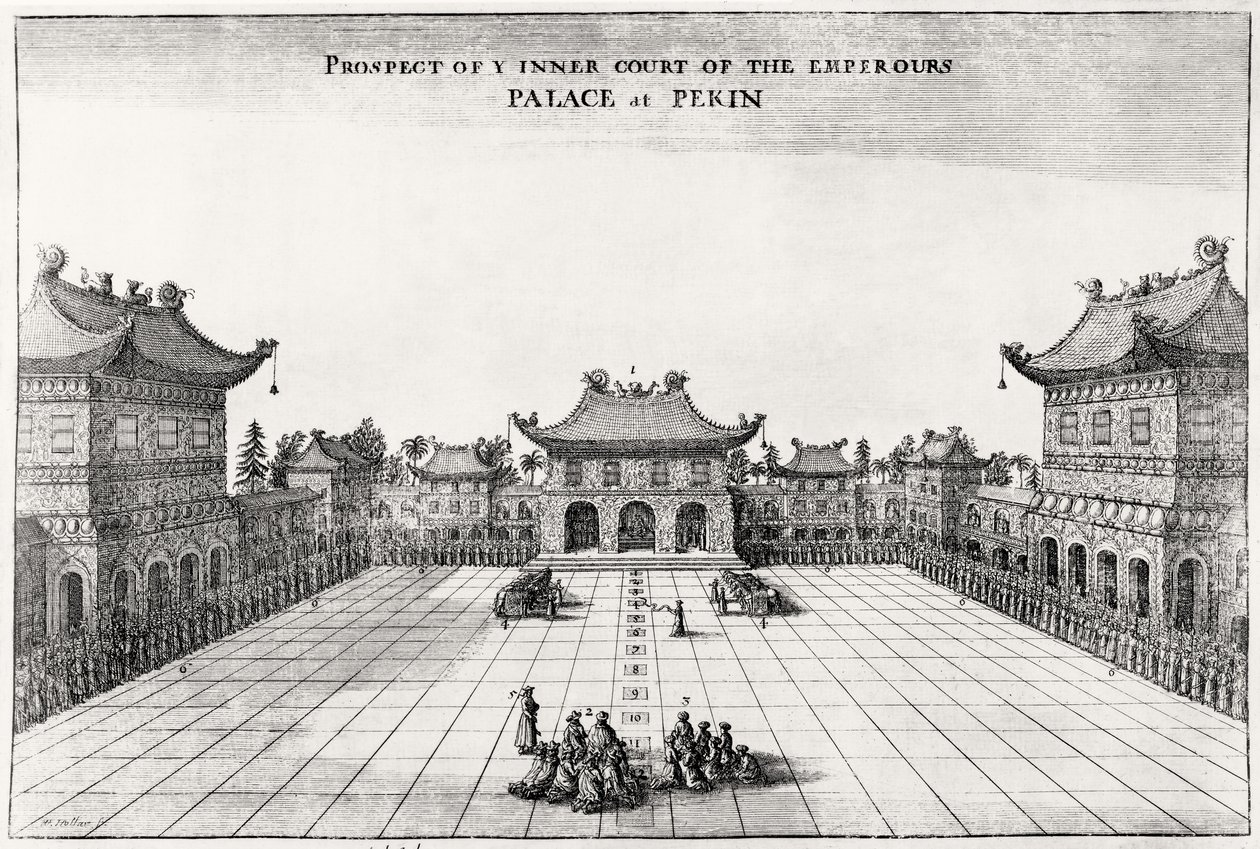 Zicht op de binnenplaats van het keizerlijk paleis in Peking, 1669 door English School