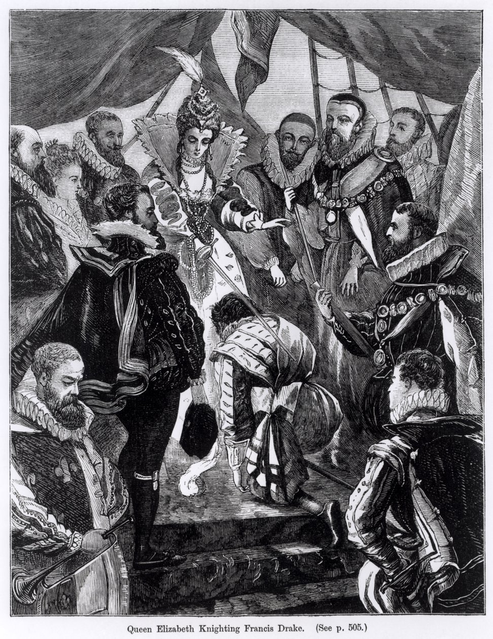 Koningin Elizabeth I (1530-1603) riddert Francis Drake (ca. 1540-96) in 1581 door English School