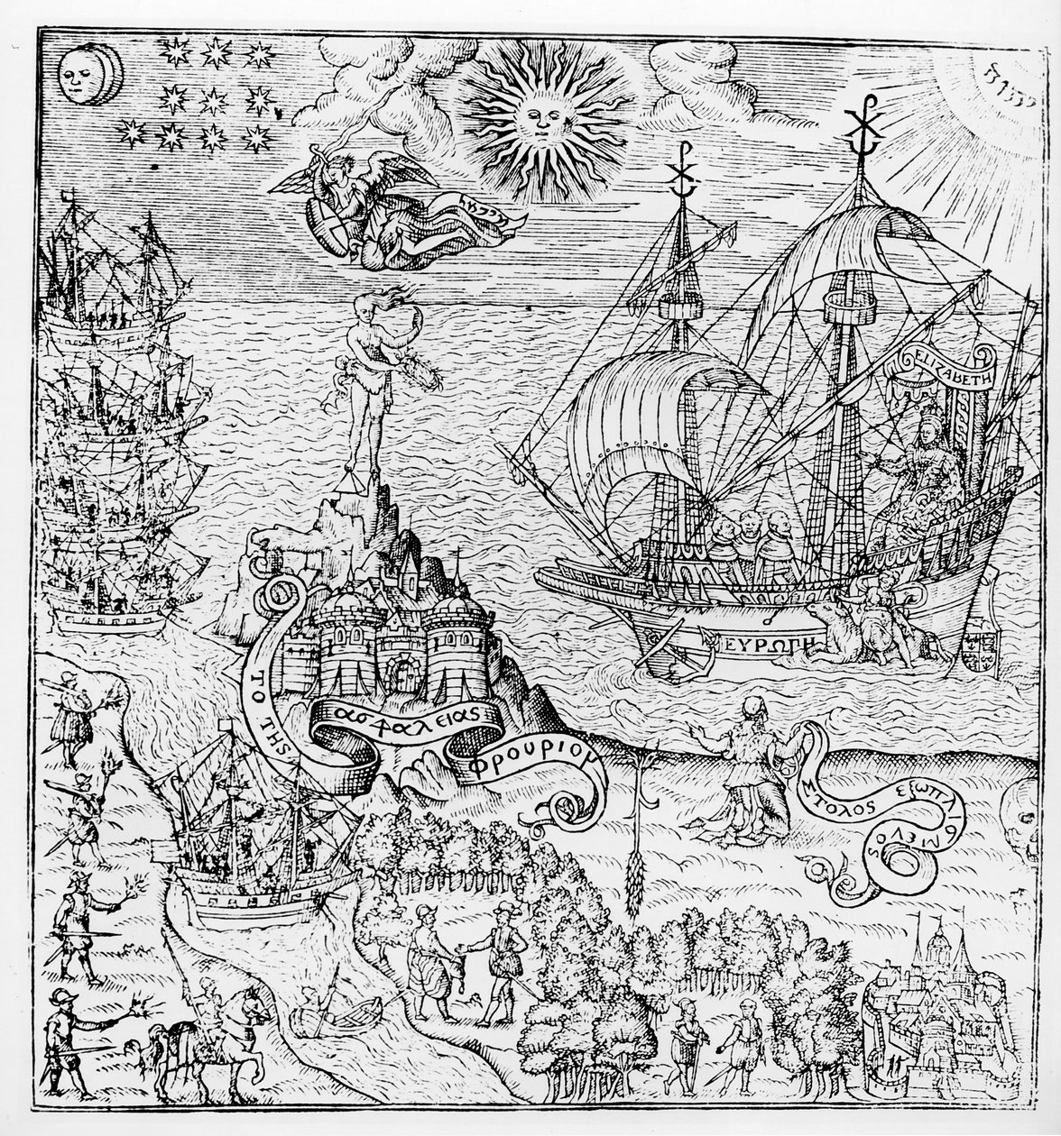 Koningin Elizabeth I (1553-1603) aan boord van een schip door English School