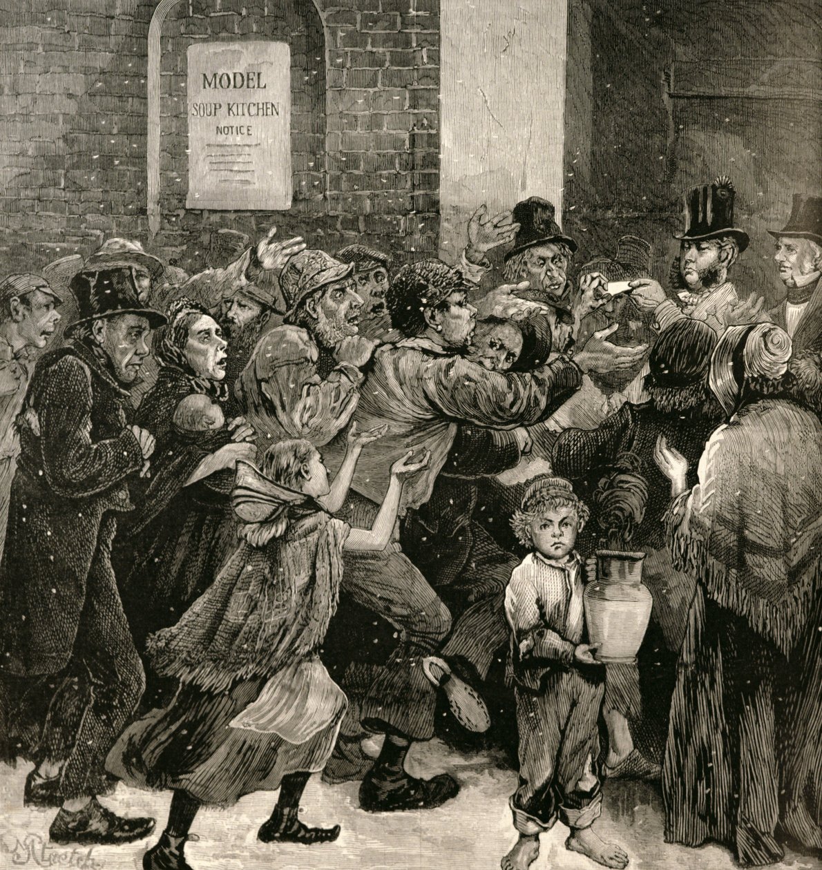 Hulp aan de werklozen in Londen: het uitdelen van soepbonnen, uit 