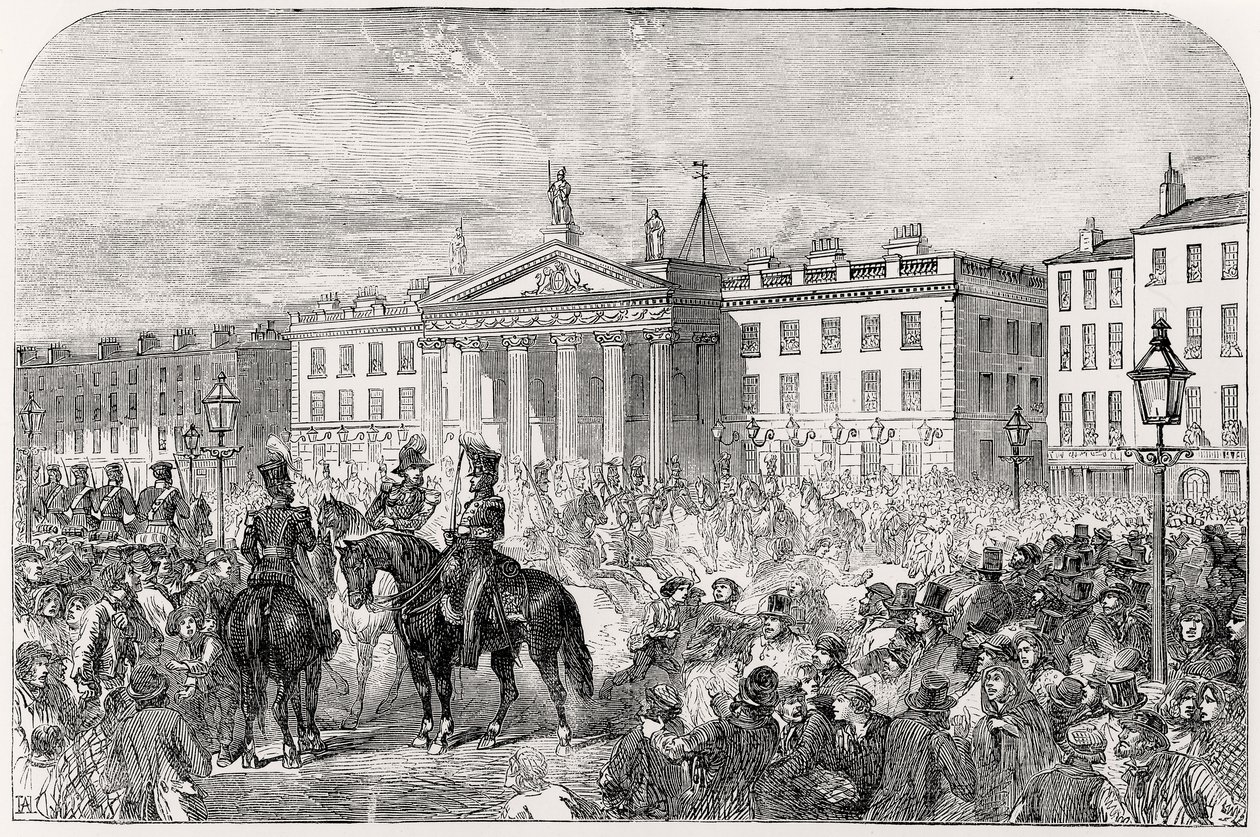Sackville Street in Dublin tijdens de Opstand in 1847 door English School