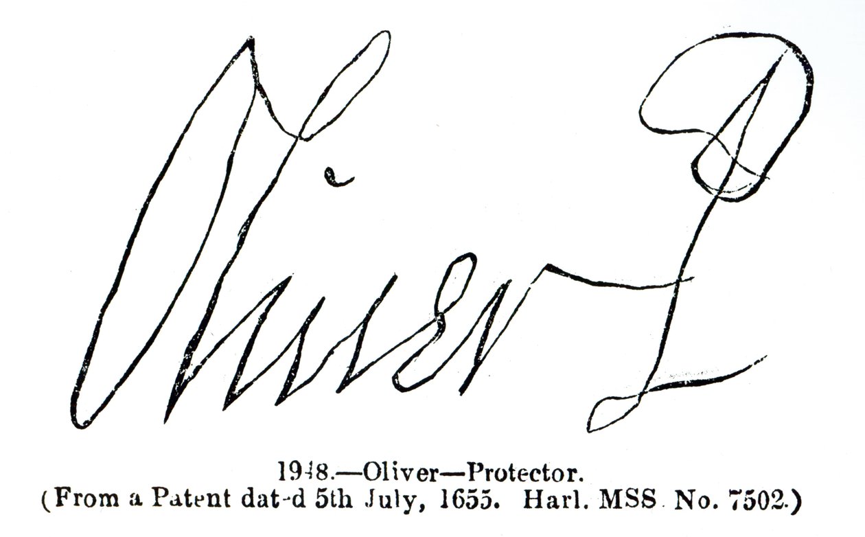 Handtekening van Oliver Cromwell (1599-1658) Lord Protector, uit een patentmanuscript (Harl.MSS No.7502) gedateerd 5 juli 1655 door English School