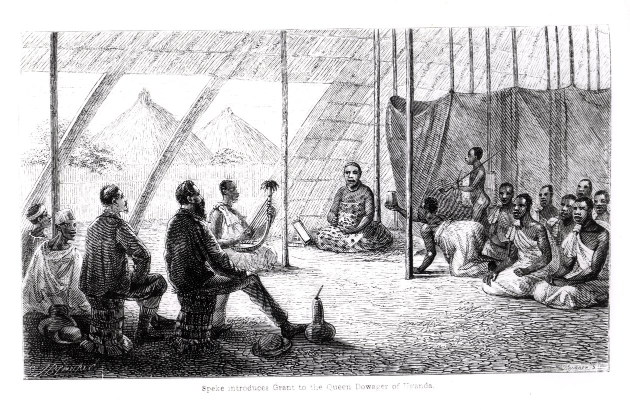 Speke (1827-64) introduceert Grant (1827-92) aan de koningin-weduwe van Oeganda door English School