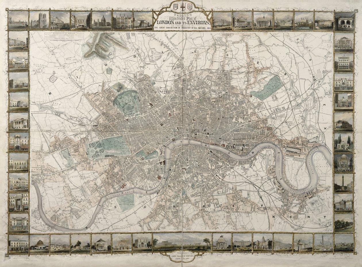 Talliss Geïllustreerd Plan van Londen en zijn Omgeving, ter Herdenking van de Grote Tentoonstelling van Industrie van alle Naties, 1851, gepubliceerd door John Tallis & Co. door English School