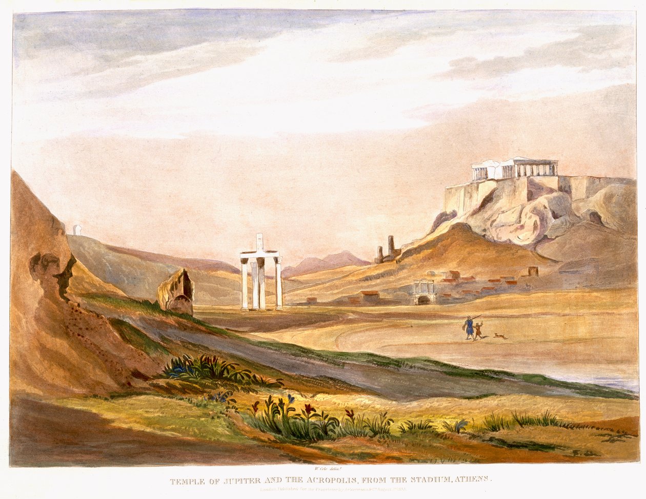Tempel van Jupiter en de Akropolis, vanaf het stadion, Athene, gepubliceerd Londen 1835 door English School