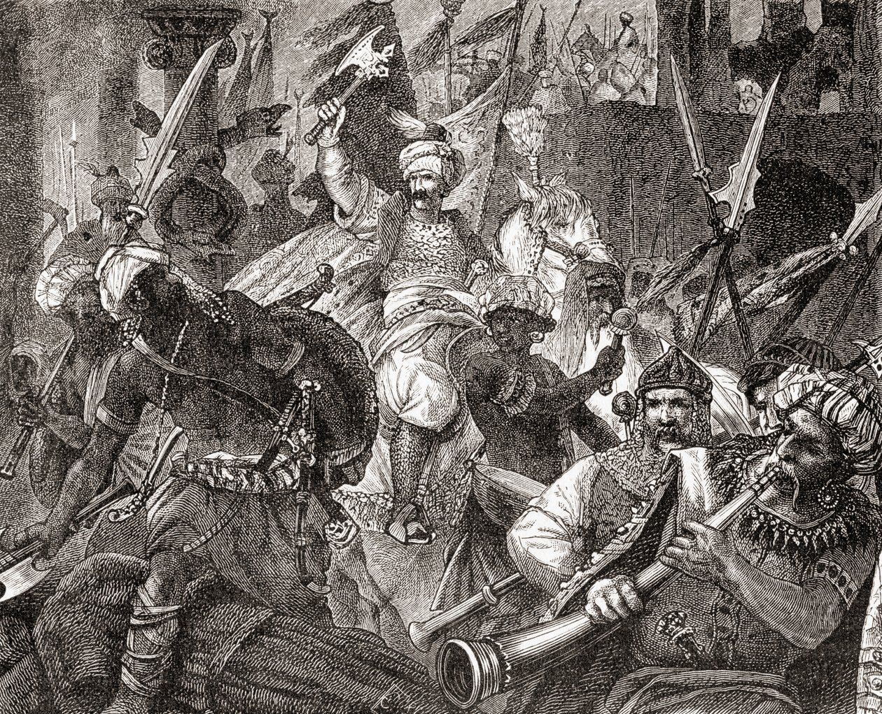 De Slag bij Alcacer Quibir ook bekend als Slag van Drie Koningen of Slag bij Oued al-Makhazin, Noord-Marokko, 4 augustus 1578, uit Ward en Locks Geïllustreerde Geschiedenis van de Wereld, uitgegeven ca. 1882 door English School