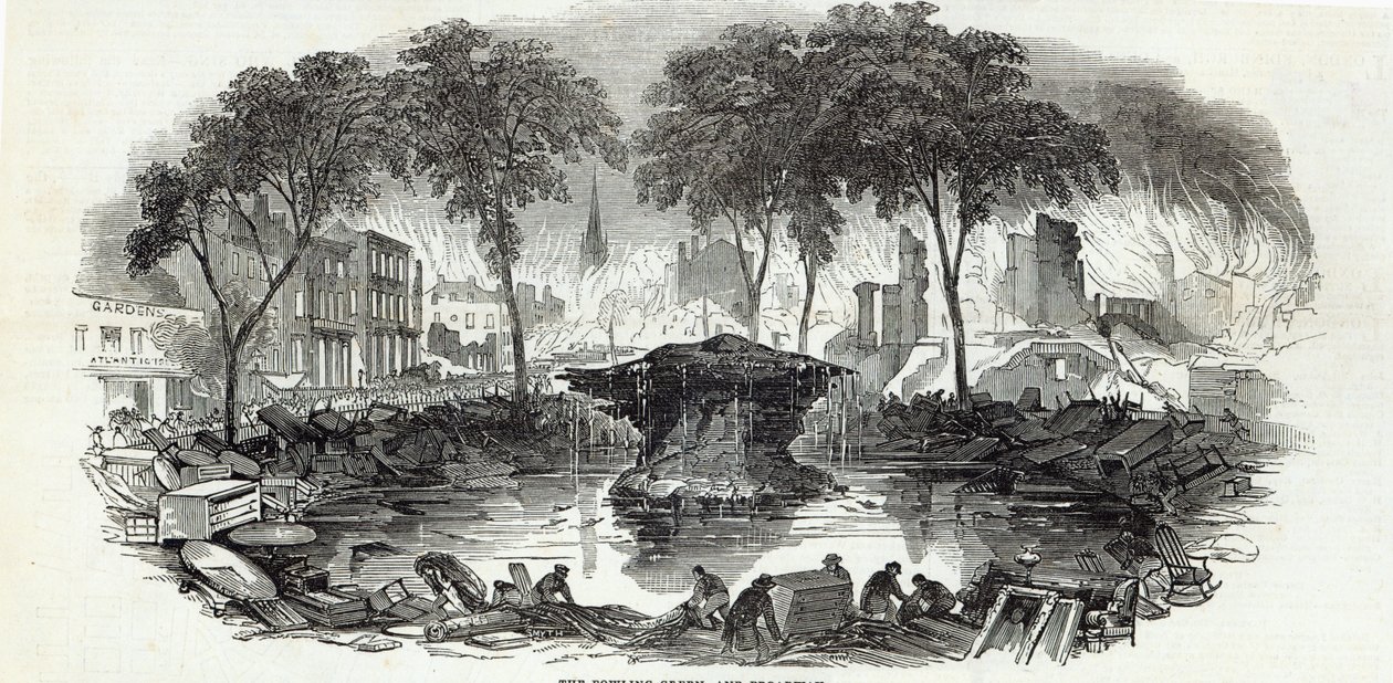 De Bowling-green en Broadway, New York, uit The Illustrated London News, 23 augustus 1845 door English School