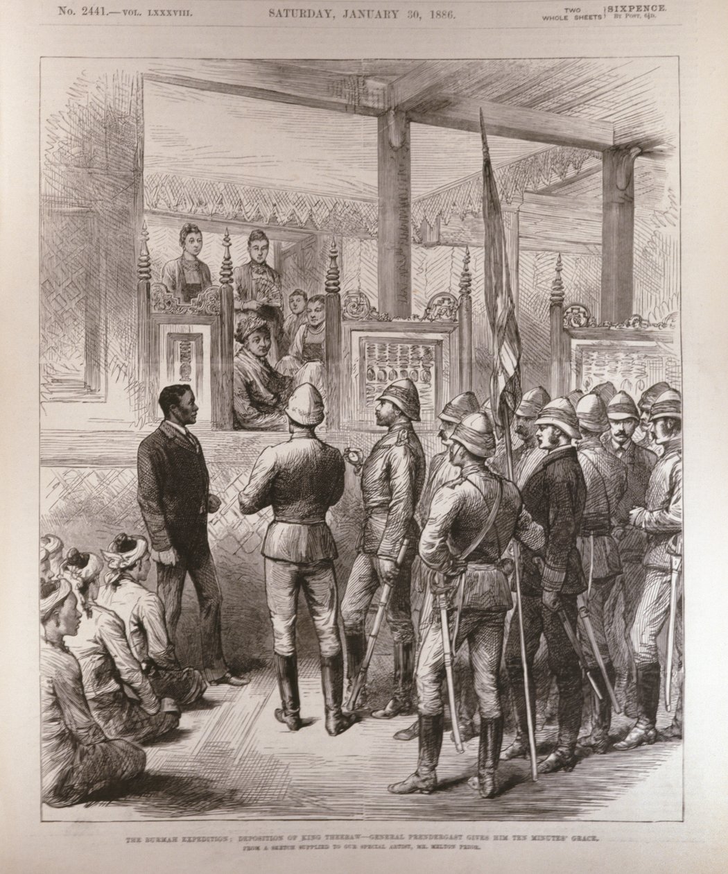 De Afzetting van Koning Theebaw (1858-1916): Generaal Prendergast Geeft Hem Tien Minuten Genade, uit The Illustrated London News, 30 januari 1886 door English School