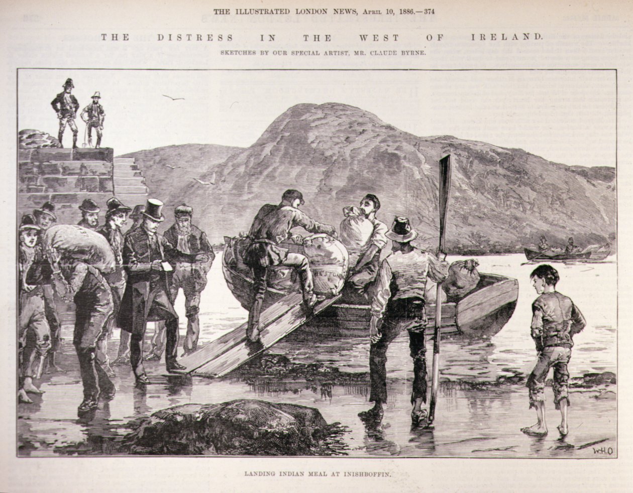 De Nood in het Westen van Ierland: Lossen van Indiaans Maïs op Inishboffin, uit The Illustrated London News, 4 oktober 1886 door English School