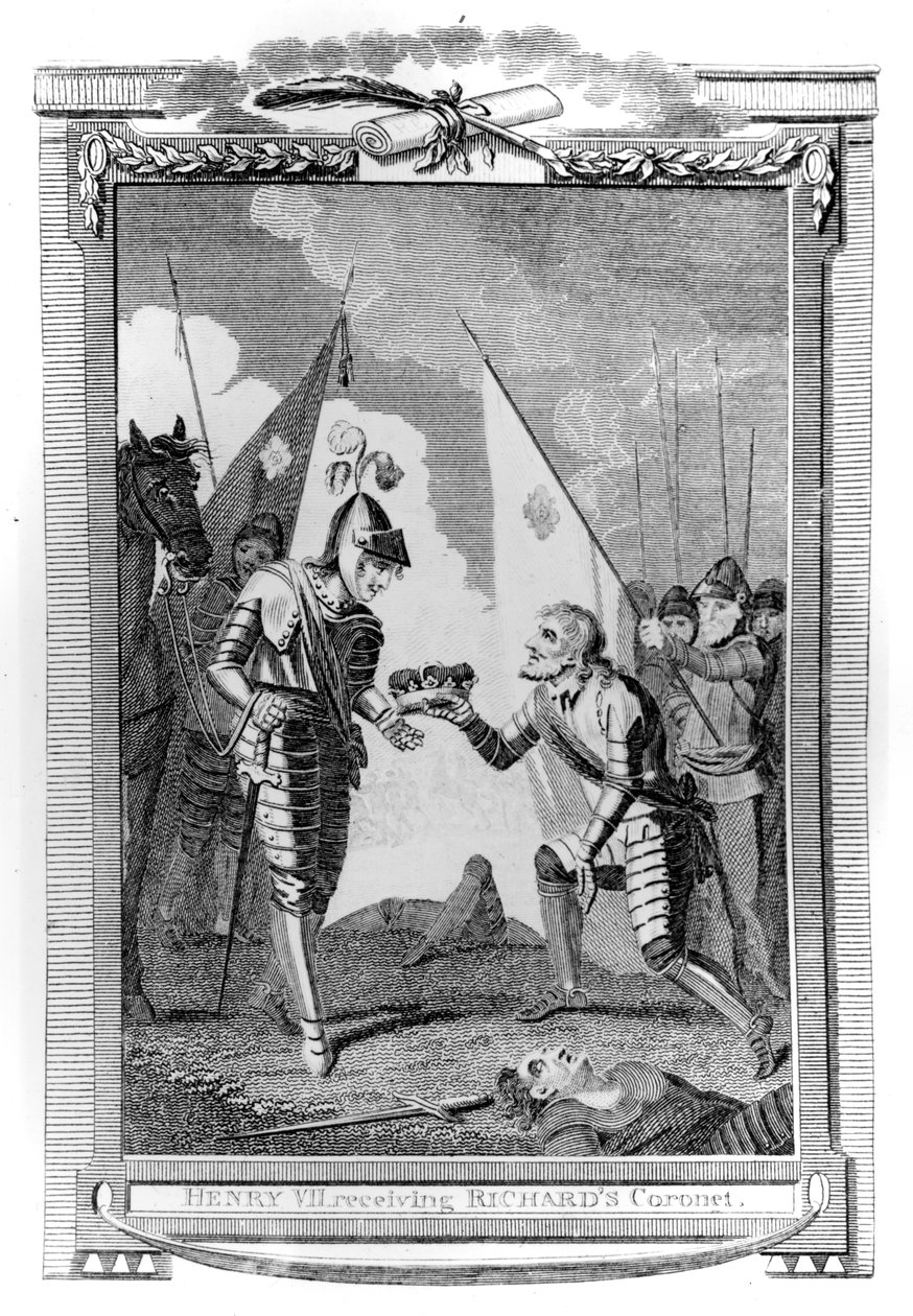 De graaf van Richmond krijgt de kroon van Engeland na de slag bij Bosworth door English School