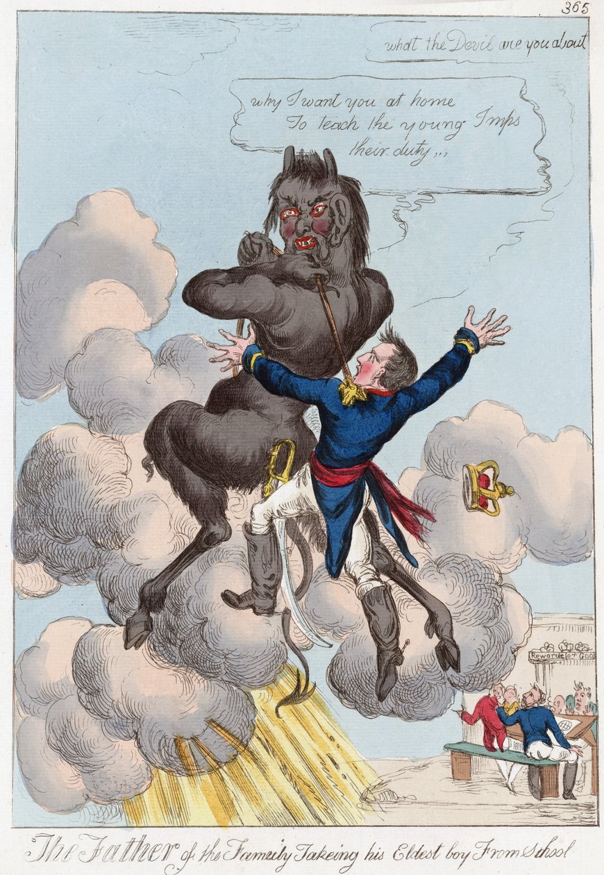 De vader van het gezin haalt zijn oudste zoon van school, gepubliceerd 1814 (handgekleurde gravure) door English School