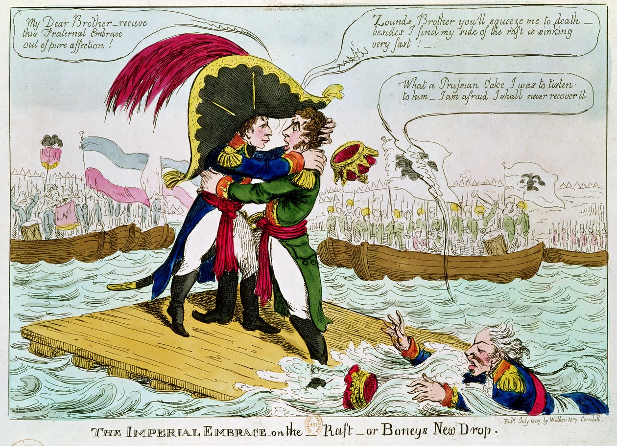 De keizerlijke omhelzing of Boneys nieuwe druppel, gepubliceerd door Walker, Londen, juli 1807 door English School