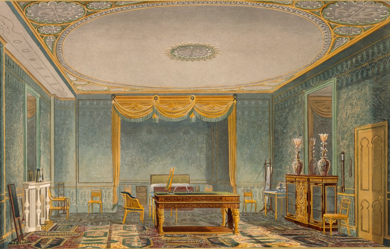 De Slaapkamer van de Koning, uit Zichten van het Koninklijk Paviljoen, Brighton door John Nash (1752-1835) 1826 door English School