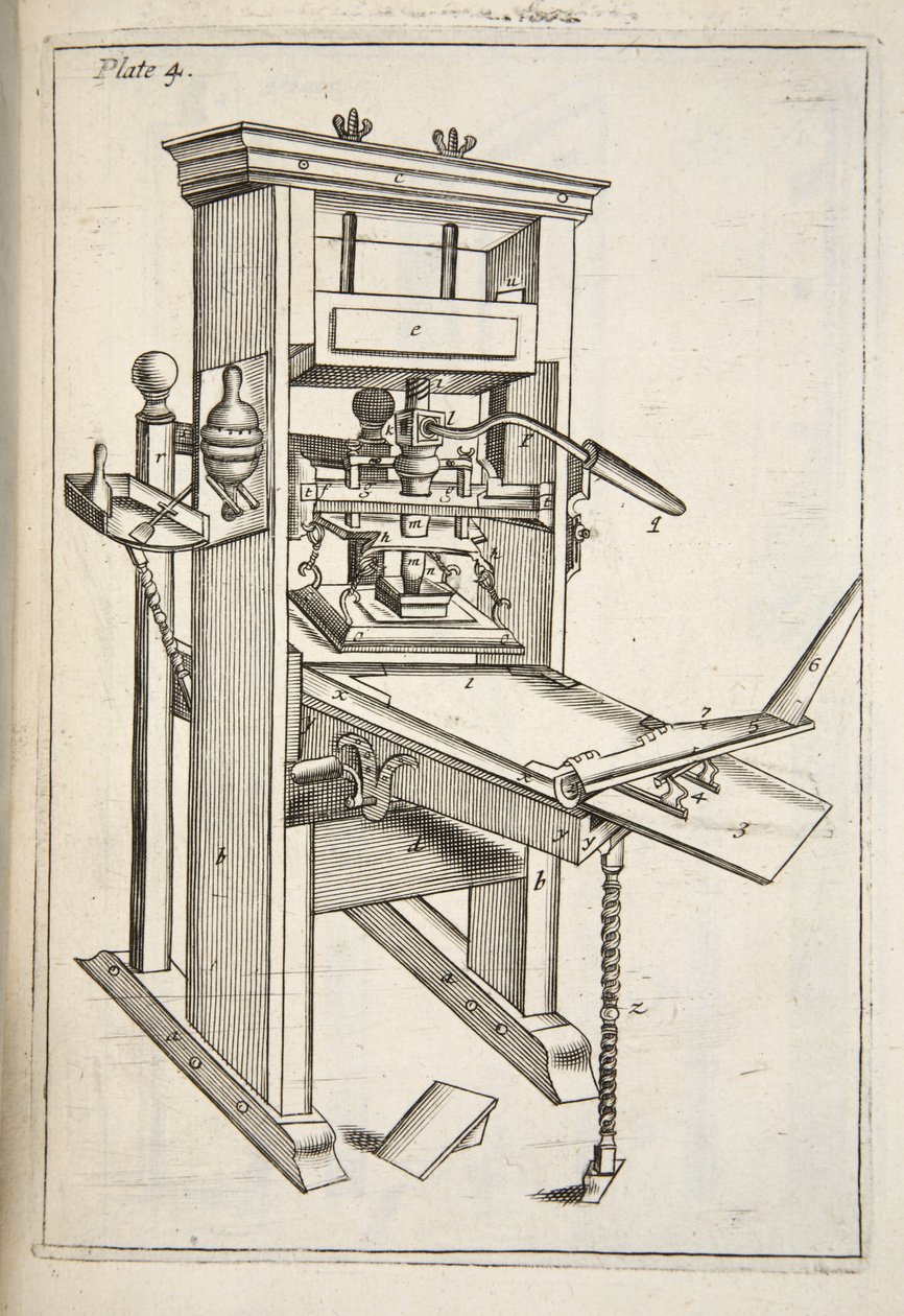 De drukpers, uit Mechanick Exercises: or The Doctrine of Handy-Works applied to the Art of Printing, uitgegeven 1683 door English School