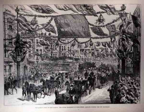 Het Bezoek van de Koningin aan Oost-Londen: De Koninklijke Processie in de Hoofdstraat, Aldgate, Passeert de Stadsgrens, uit The Illustrated London News, 21 mei 1887 door English School