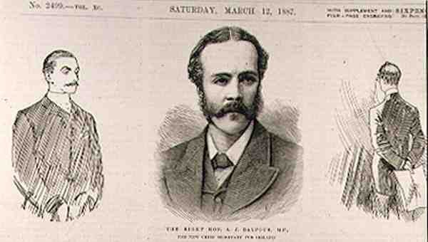 De Zeer Eerwaarde A. J. Balfour (1848-1930), M.P., de Nieuwe Hoofdsecretaris voor Ierland, uit The Illustrated London News, 12 maart 1887 door English School