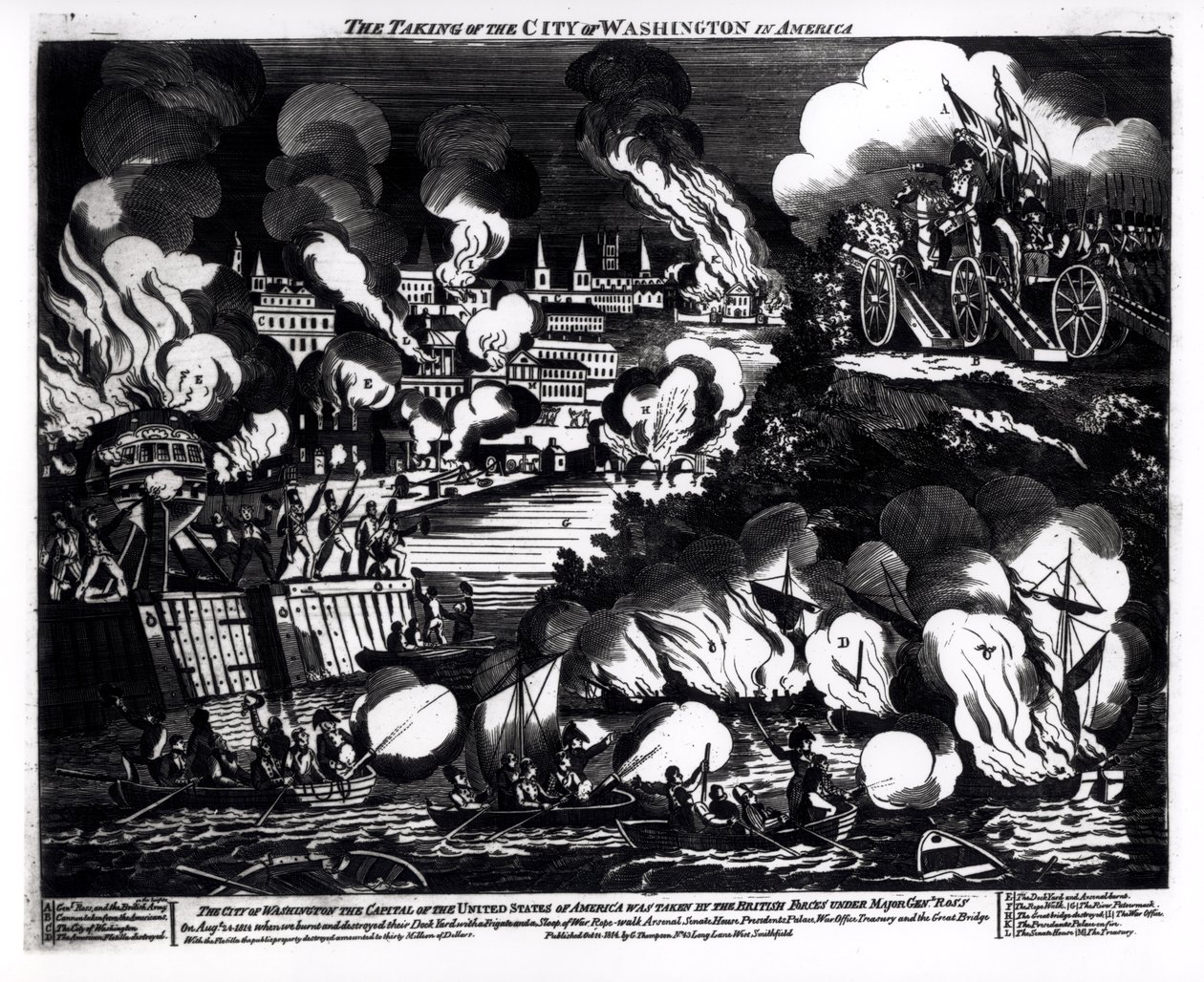 De Inname van de Stad Washington in Amerika, 24 augustus 1814, uitgegeven door G. Thompson, 1814 door English School