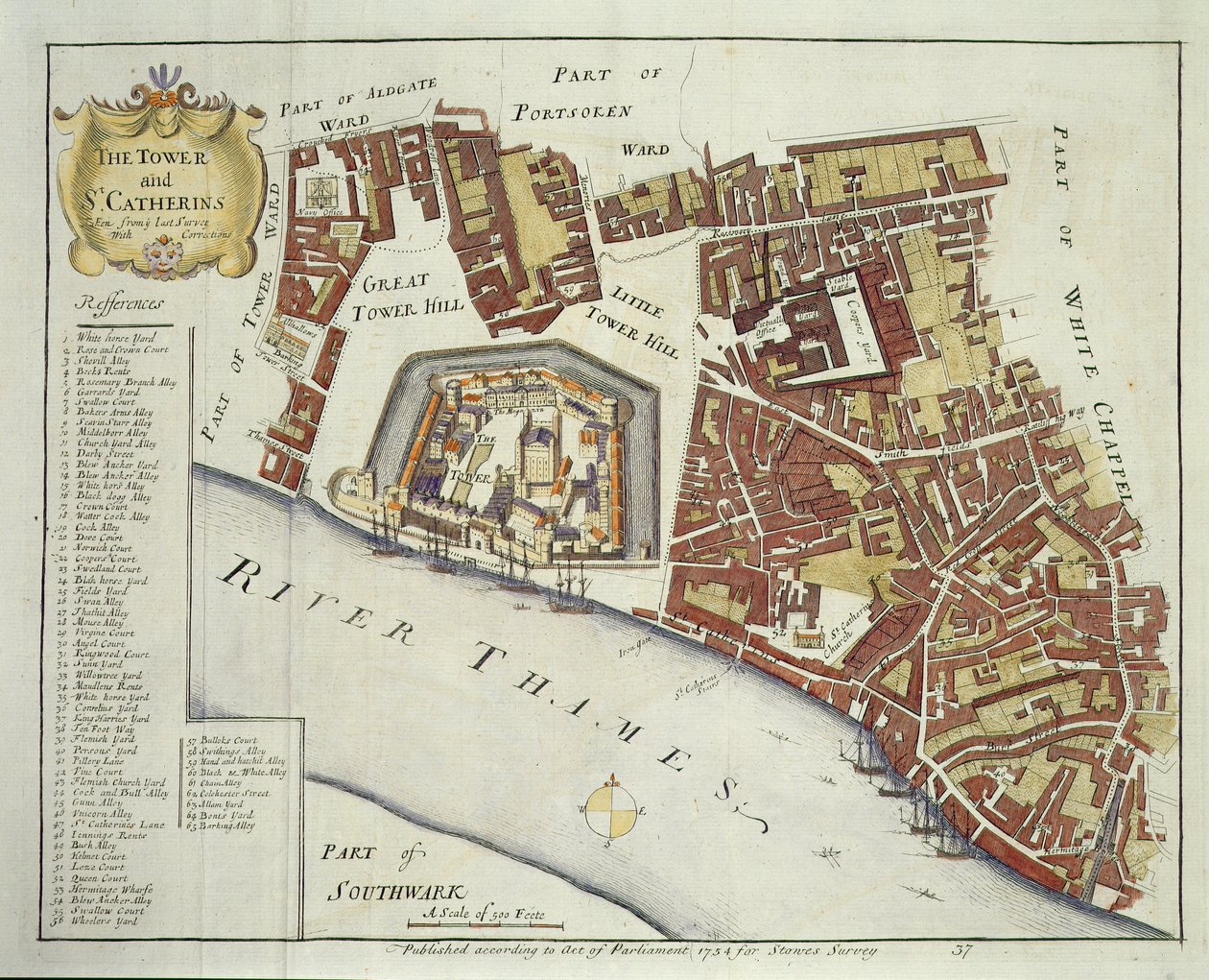 De Toren en St. Catherines, voor Stows Survey of London, uitgegeven 1754 door English School