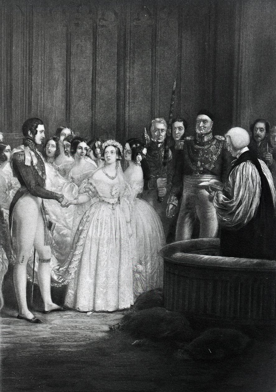 De huwelijksceremonie van koningin Victoria en prins Albert op 10 februari 1840 door English School