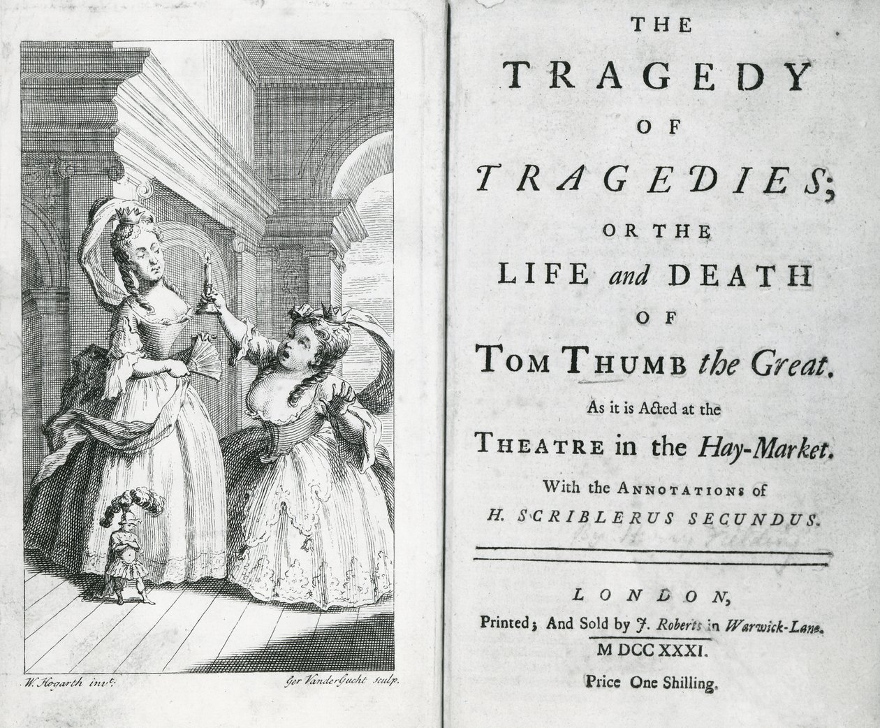 Titelpagina van het script van Tom Thumb, 1731 door English School