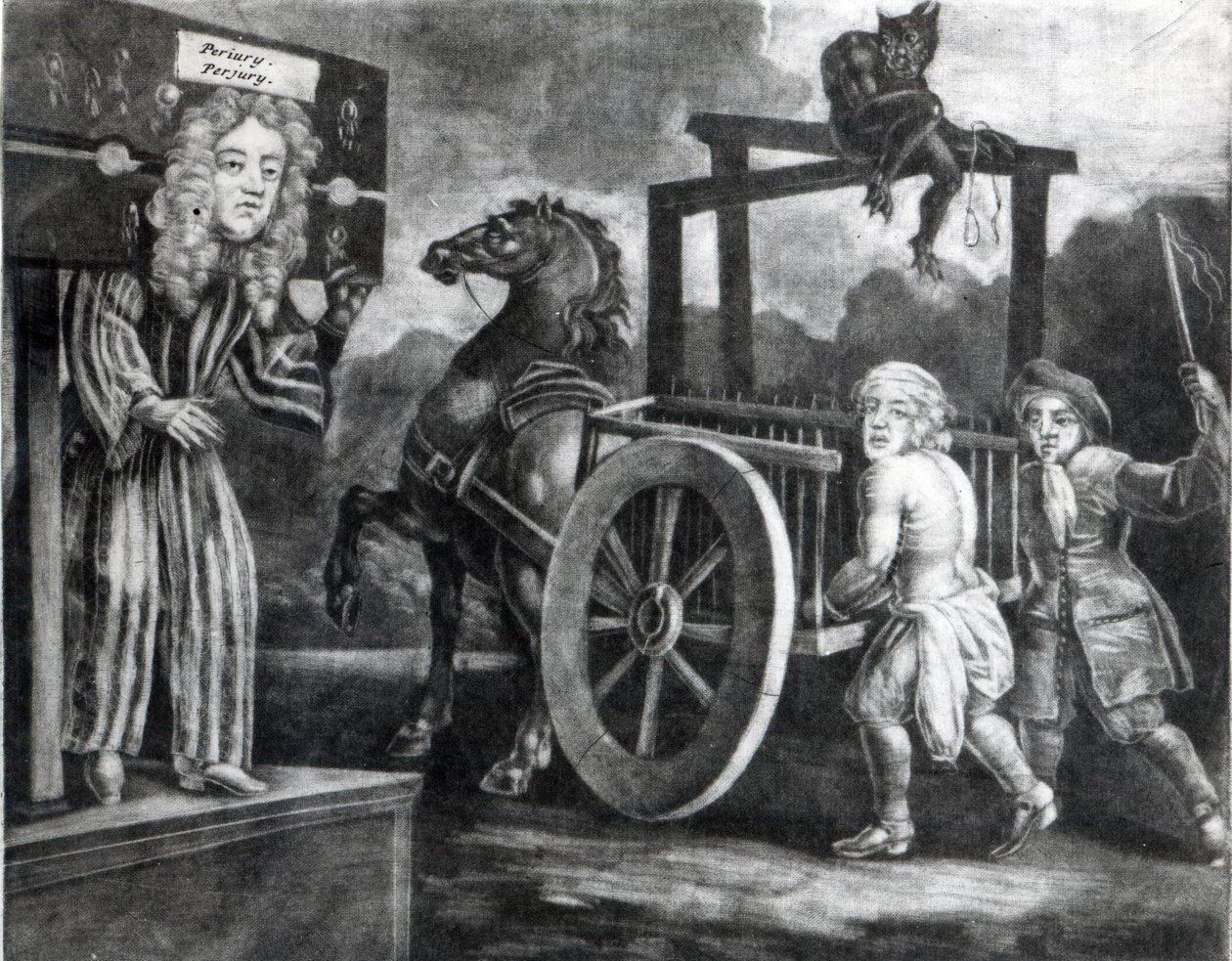 Titus Oates op de derde dag van zijn straf in 1685, toen hij werd uitgekleed, aan een kar werd vastgebonden en van Aldgate naar Newgate werd gegeseld door English School
