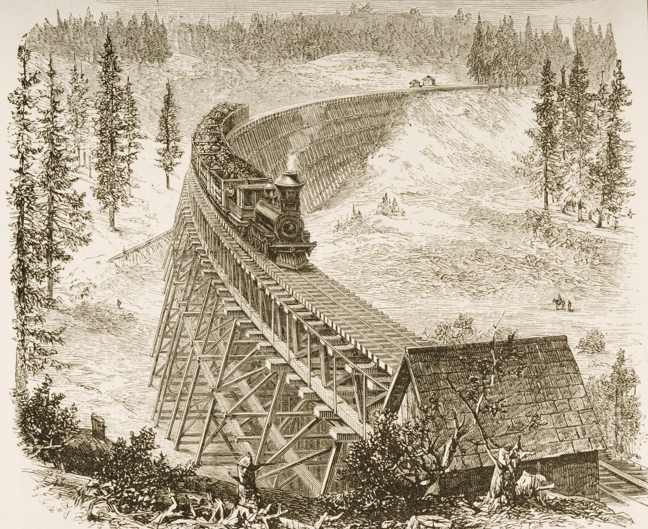 Trestle Brug op de Pacific Railway, Sierra Nevada, c.1870, uit 