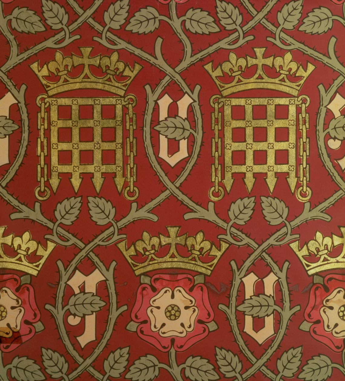 Tudor Rose, reproductie behang ontworpen door S. Scott en geproduceerd door Cole & Sons, naar een ontwerp van Augustus Charles Pugin (1762-1832) voor het Parlement, 1845-50 door English School
