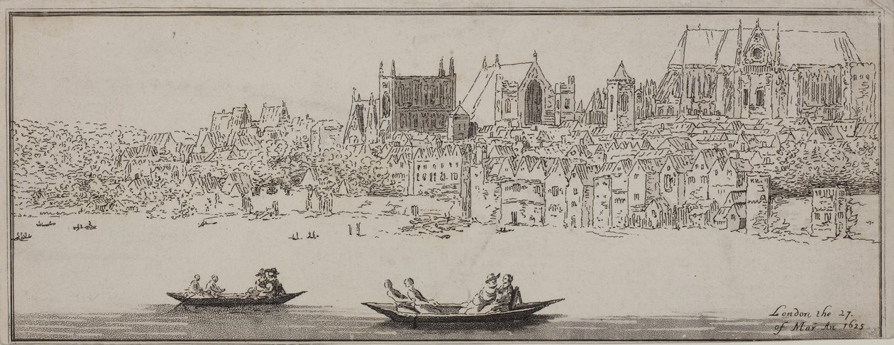 Uitzicht op Westminster Abbey en het Palace of Westminster vanaf de rivier de Theems met boten op de voorgrond, ca. 1750 door English School
