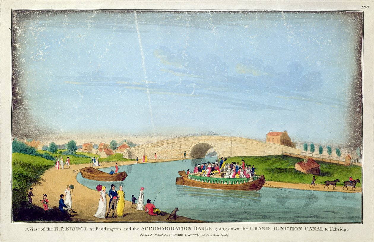 Uitzicht op de Eerste Brug, Paddington en de Accommodatie Schuit die de Grand Junction Kanaal naar Uxbridge afvaart, 1801 door English School