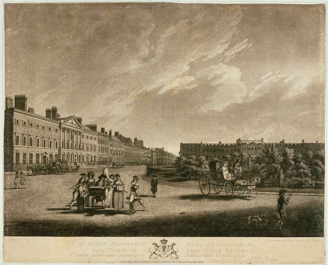 Uitzicht op de noordzijde van Grosvenor Square, 1789 door English School