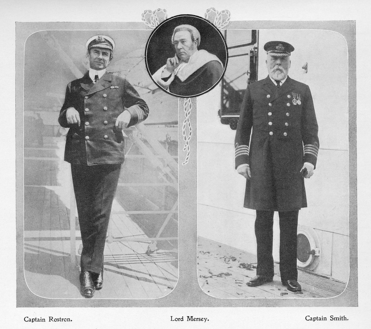 Arthur Henry Rostron, Kapitein van de RMS Carpathia die Titanic-overlevenden redde (links), Lord Mersey die de Titanic-onderzoekscommissie leidde (midden) en Edward John Smith, Kapitein van de Titanic (links) door English Photographer