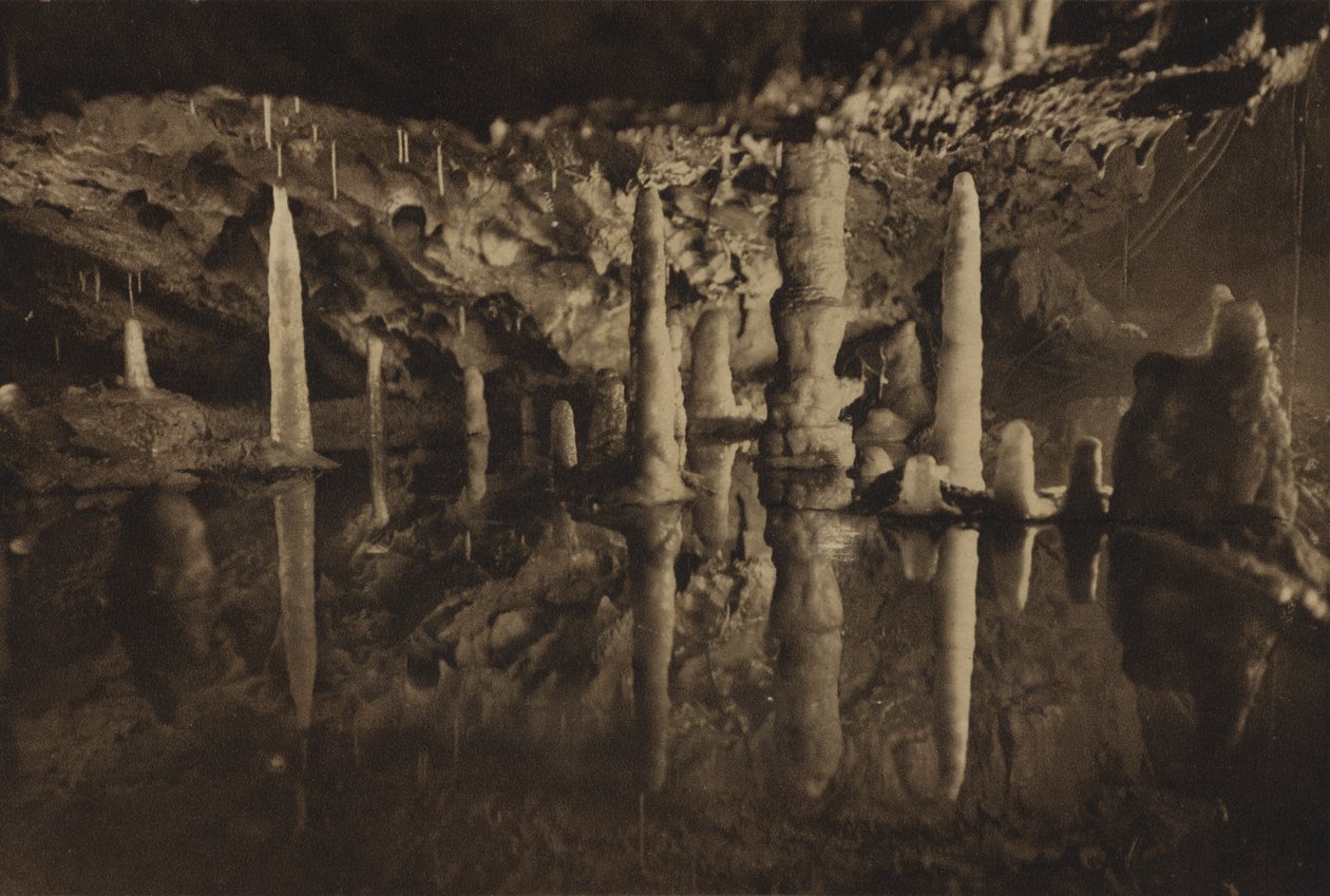 Grotten van Cheddar: Stalagmietpilaren, een prachtige gereflecteerde groep (z/w foto) door English Photographer