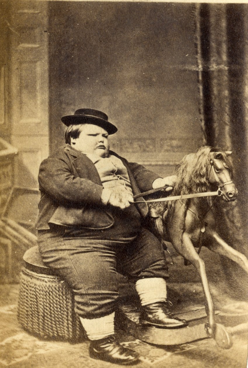 Meester Richard Beanham bij zijn hobbelpaard, 1870s door English Photographer