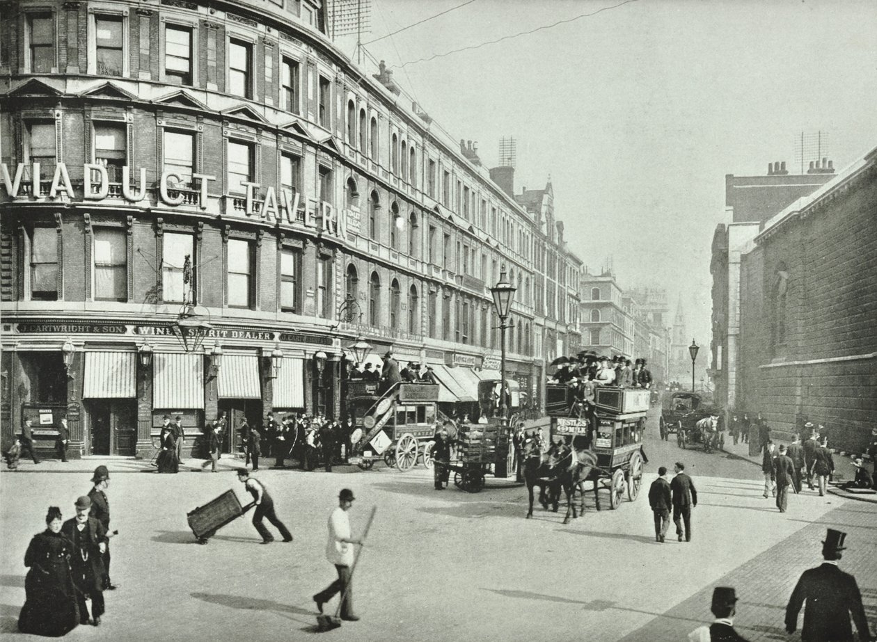 Newgate Street, kijkend naar het oosten vanaf Old Bailey, City of London, 1890 door English Photographer