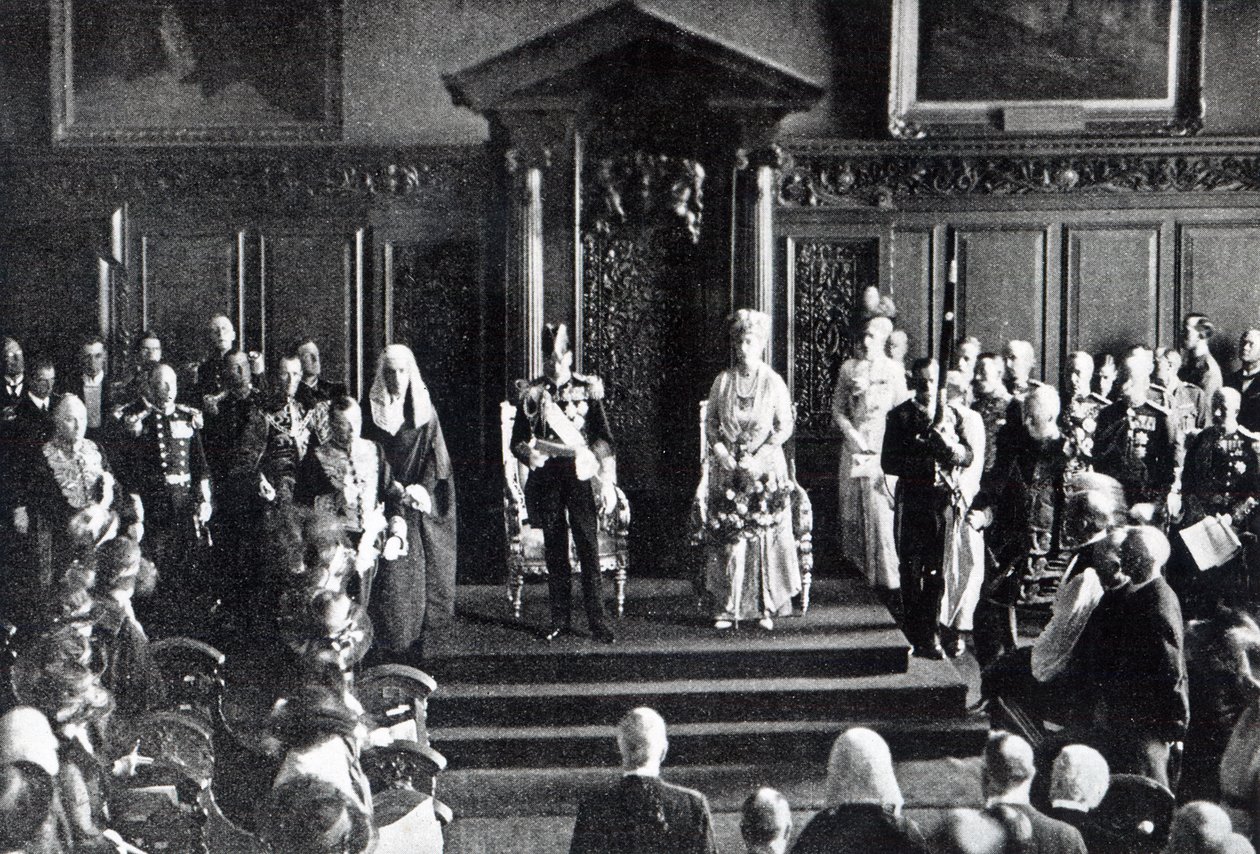 De koning doet een beroep op vrede aan het volk van Ierland in het stadhuis, illustratie uit 