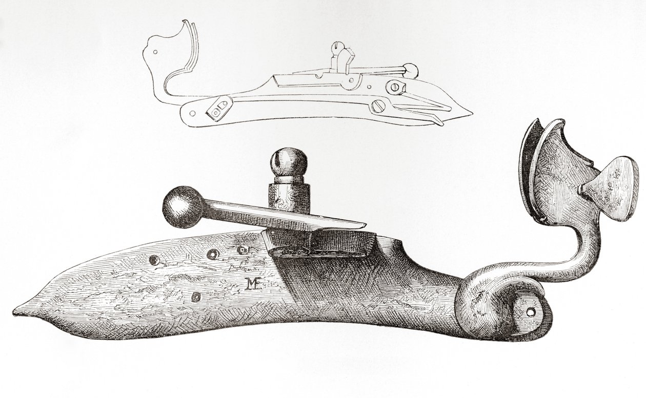 17e eeuws Snaphaan. Mechanisme of slot gebruikt voor het afvuren van een handvuurwapen, uit The British Army: Its Origins, Progress and Equipment, gepubliceerd 1868. door English School