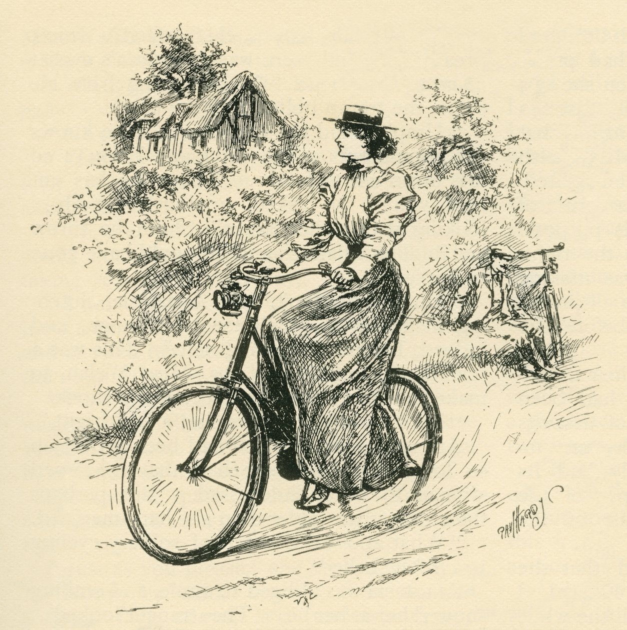 Een vrouwelijke fietser uit de 19e eeuw. Uit The Strand Magazine gepubliceerd in 1897. door English School