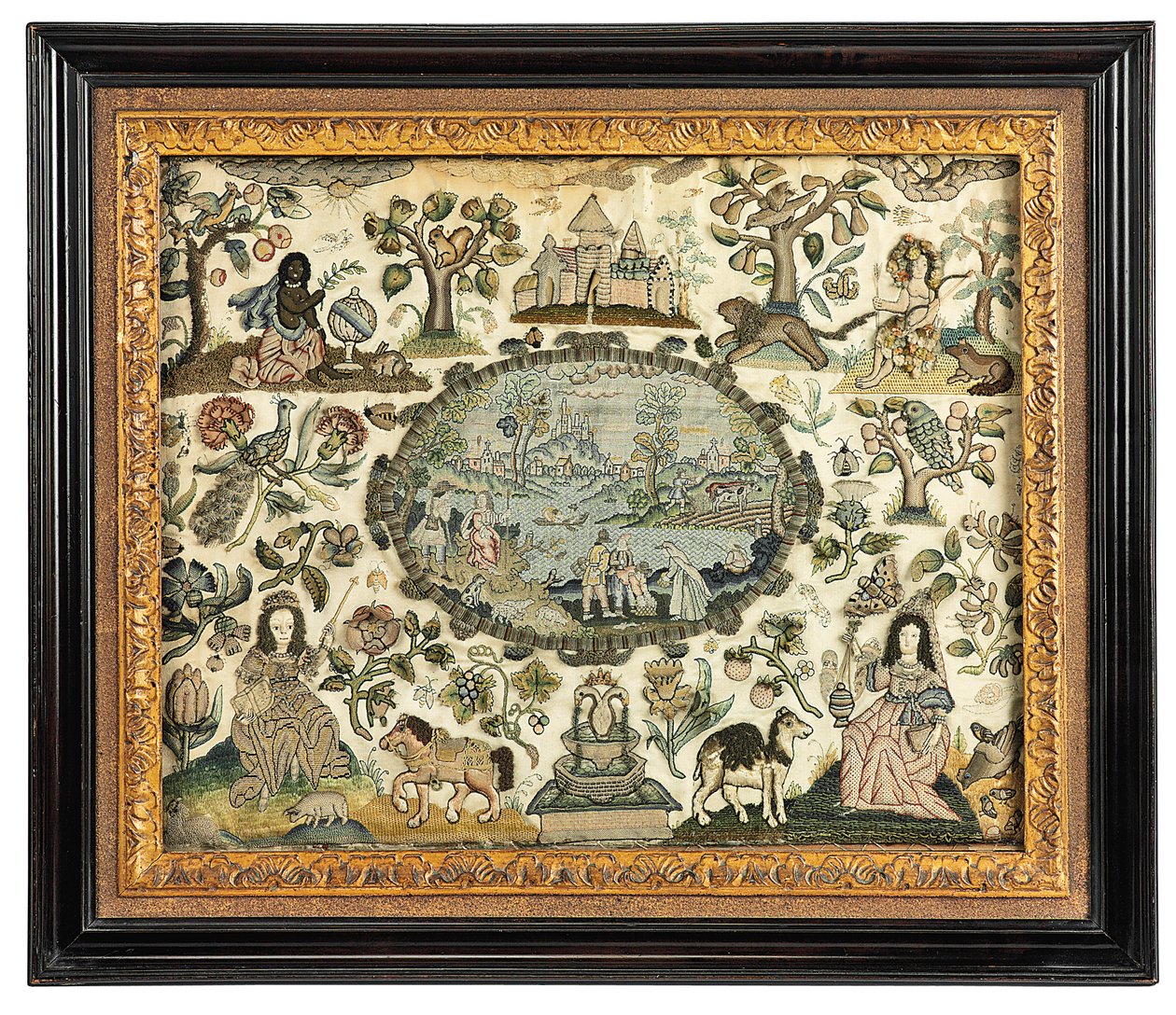 Een Charles II borduurwerk afbeelding van Afrika en de Nieuwe Wereld, ca. 1660-70 door English School