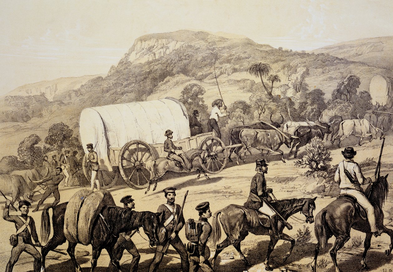 Een konvooi van wagens, uit Scenes in Kafirland and Incidents in the Kafir War of 1851-53 door English School