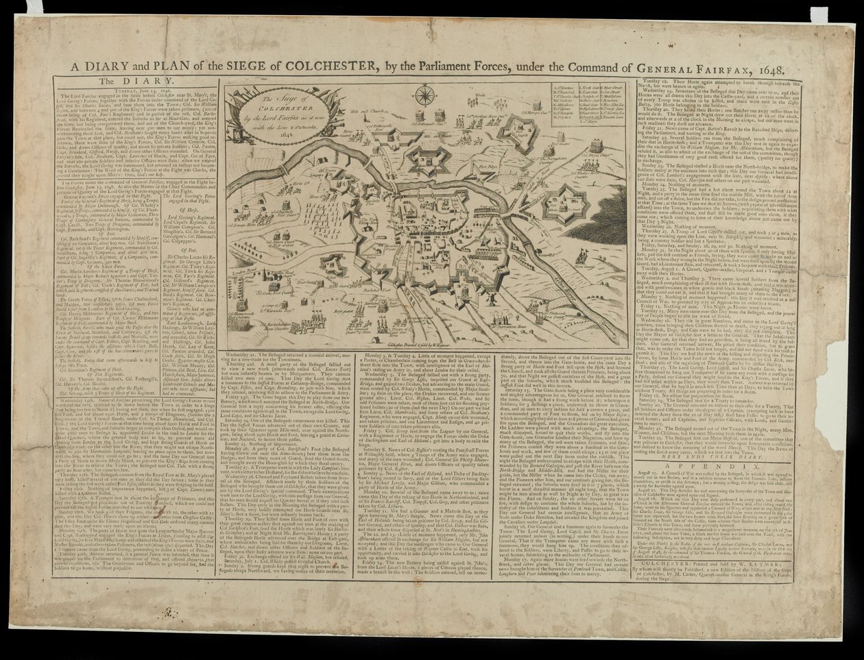Een Dagboek en Picturale Plan van het Beleg van Colchester 1648, gedrukt en verkocht door W. Keymer, 1648 door English School