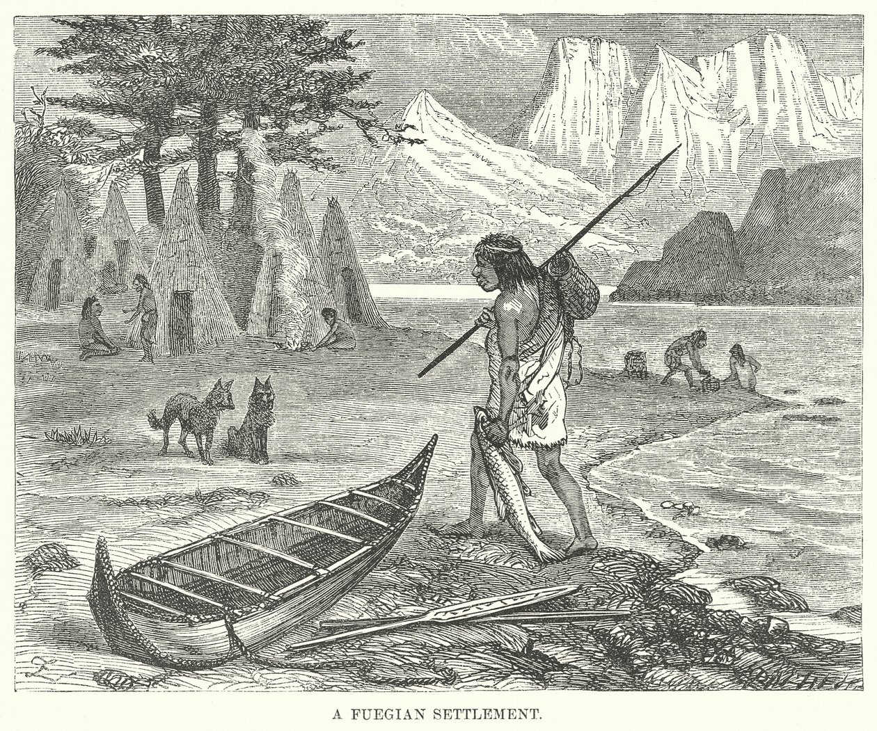 Een Fuegiaanse nederzetting (gravure) door English School