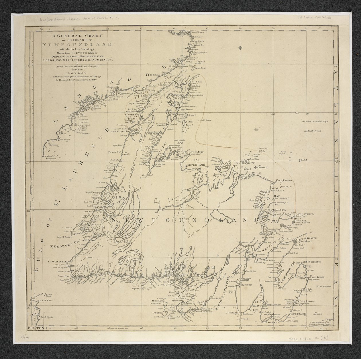 Algemene kaart van het eiland Newfoundland met de rotsen en dieptes, getekend uit onderzoeken door James Cook en Michael Lane door English School