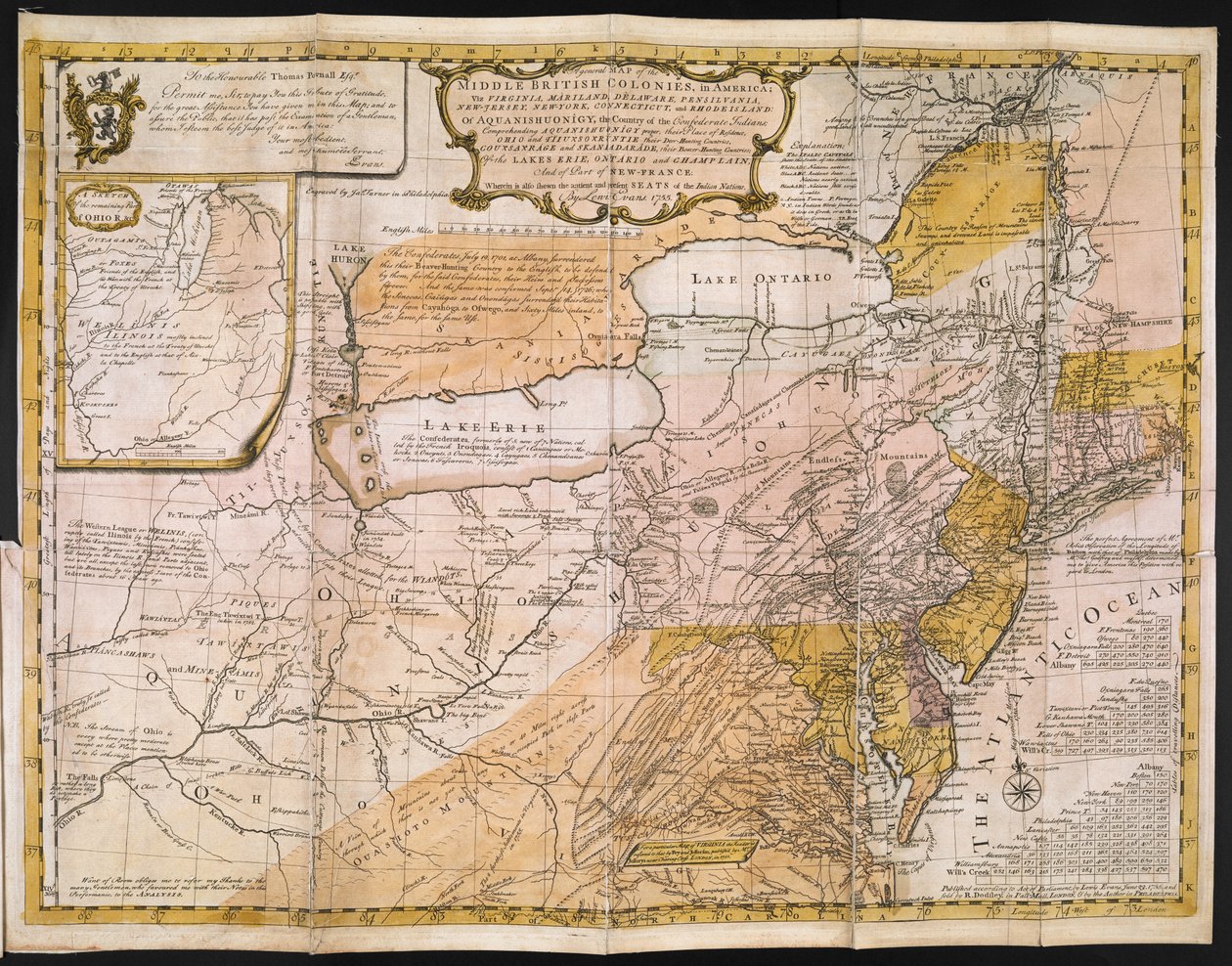 Een algemene kaart van de Midden-Britse koloniën in Amerika; namelijk Virginia, Maryland, Delaware, Pennsylvania, New Jersey, New York, Connecticut en Rhode Island: van Aquanishuonîgy, het land van de Geconfedereerde Indianen... Van de meren Erie, Ontario door English School