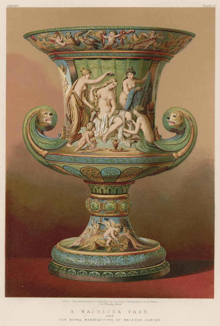Een Majolica vaas uit de Koninklijke Manufactuur van Meissen, Saksen (chromolitho) door English School