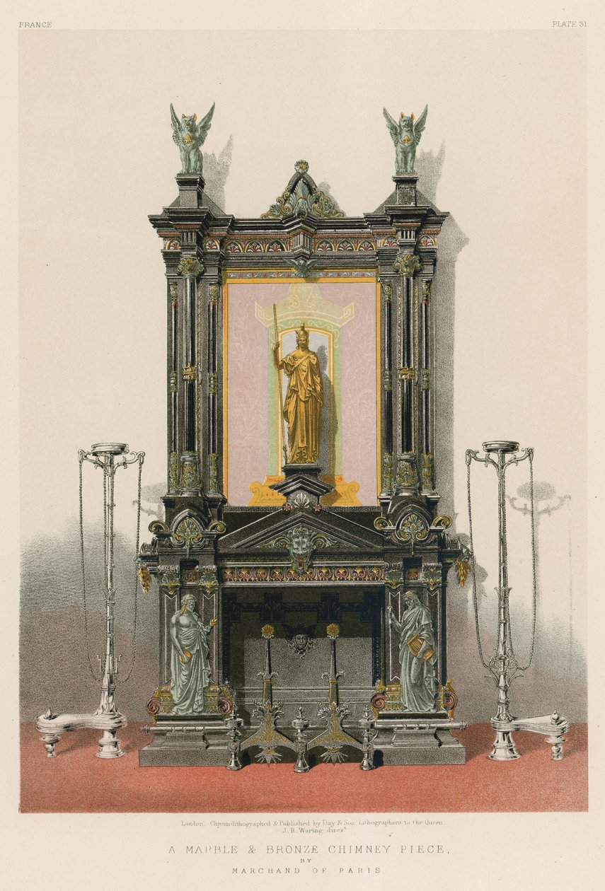 Een marmeren en bronzen schoorsteenstuk door Marchand uit Parijs (chromolitho) door English School