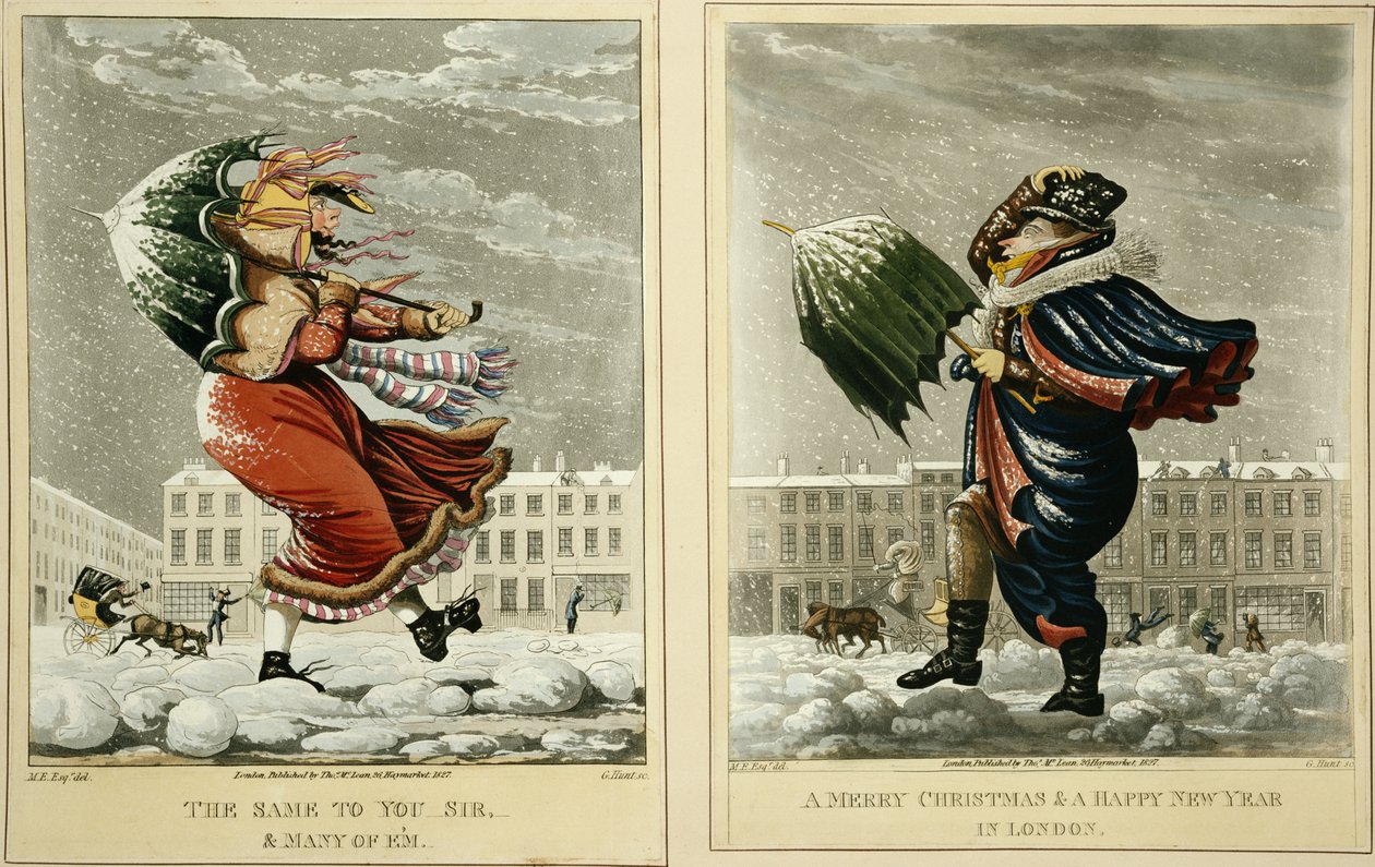Een vrolijk kerstfeest en een gelukkig nieuwjaar in Londen: En hetzelfde voor u, meneer, en vele van hen, gegraveerd door G. Hunt, 1827 door English School