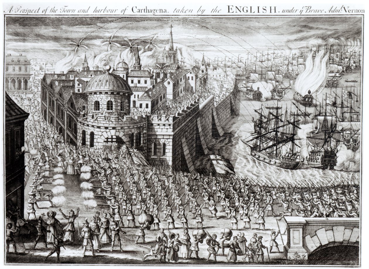Een Uitzicht op de Stad en Haven van Cartagena, ingenomen door de Engelsen onder de dappere Admiraal Vernon, 1741 door English School