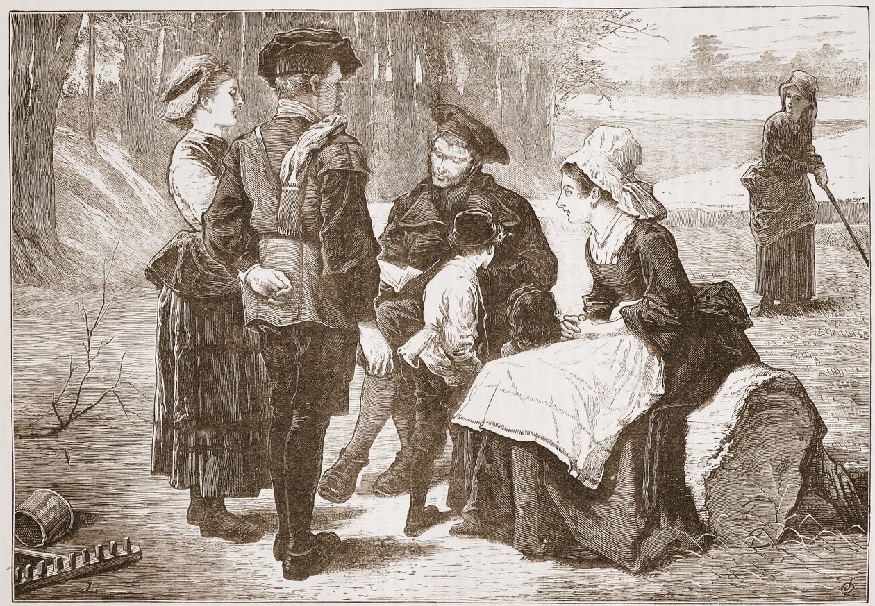 Een protestantse arbeider uit Meaux leest de Schrift voor aan zijn vrienden, illustratie uit De Geschiedenis van het Protestantisme door James Aitken Wylie, gepubliceerd in 1878 door English School